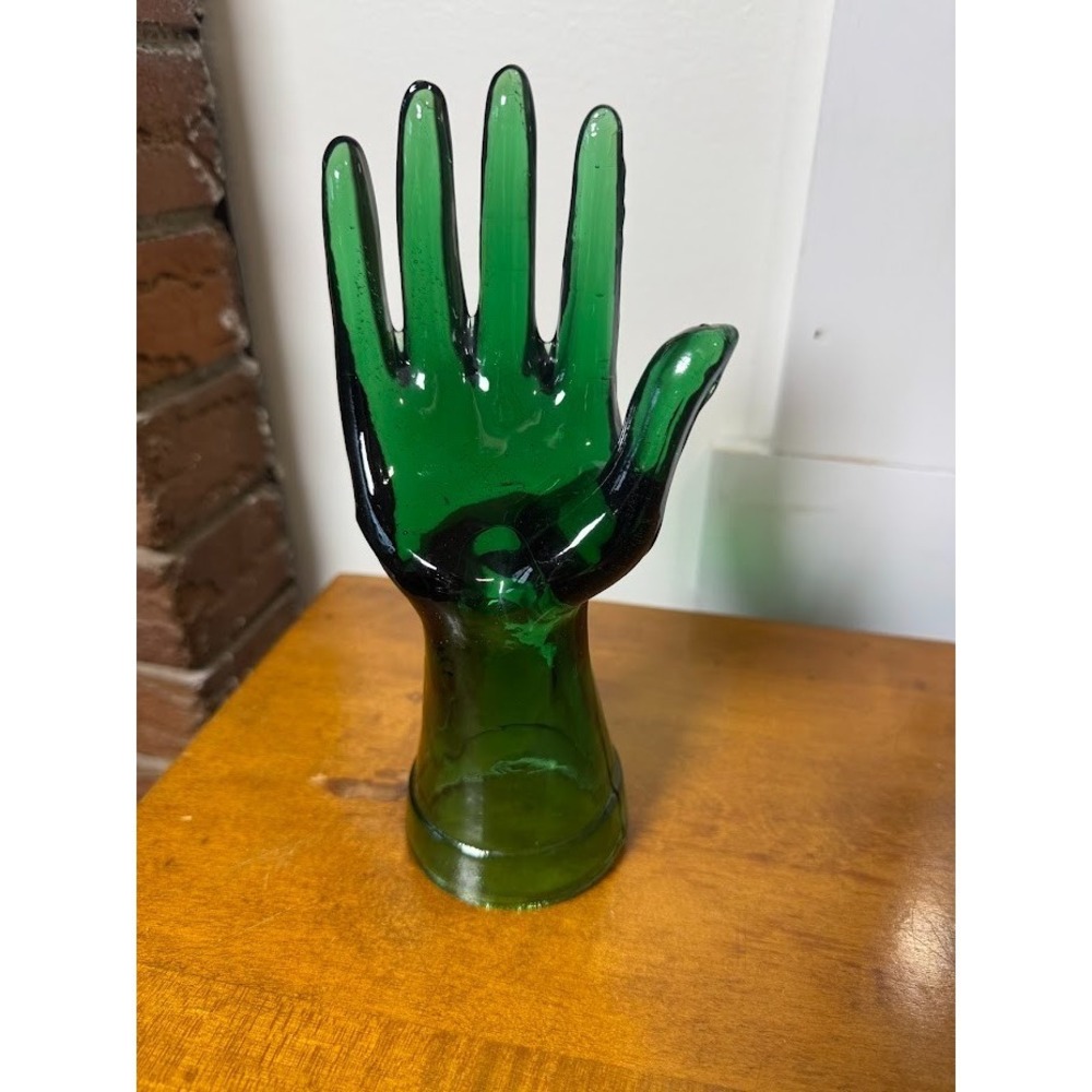 Green Depression Style Glass Hand Ring Holder, Jewelry Box, VTG Style, Retro